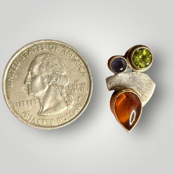 Sterling Silver Amethyst & Peridot Post Earrings - Charles  Vintage 925 Sterling Silver Amber Earrings w Inclusions Peridot Amethyst